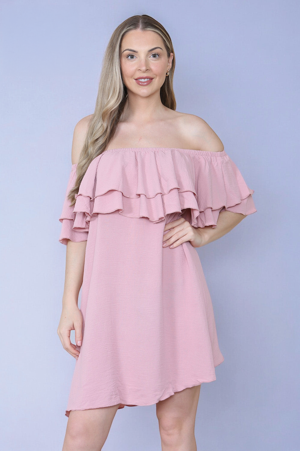 Double Frill Off Shoulder Bardot Swing Holiday Dress in Rose Pink Saint Genies Wholesale