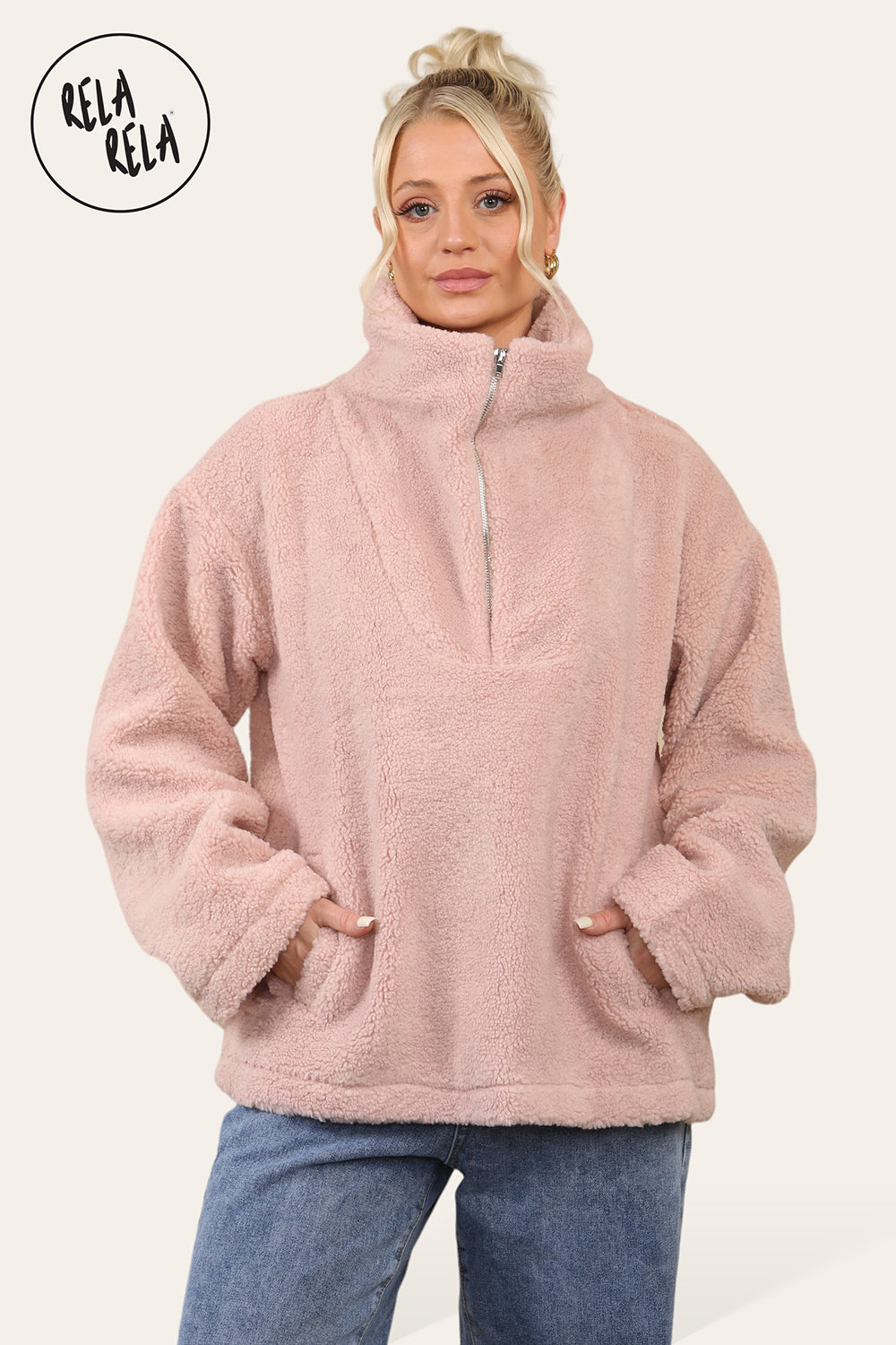 Teddy Fleece Funnel Neck Half Zip Outerwear Winter Jacket in Rose Pink Saint Genies Wholesale