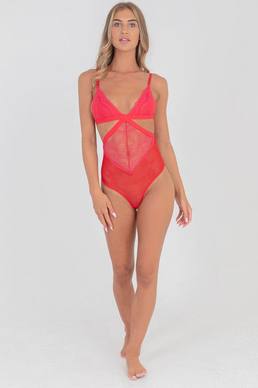 Crossed Body Lace Bodysuit Red