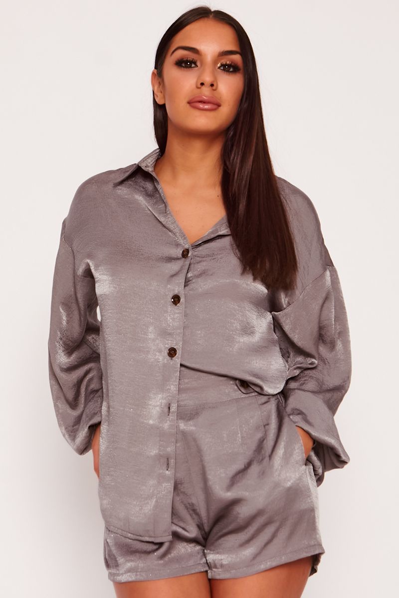 High Waist Button Detail Spice Shirt Grey