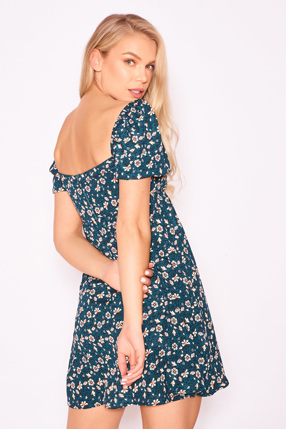 Short Sleeve Floral Green Dress