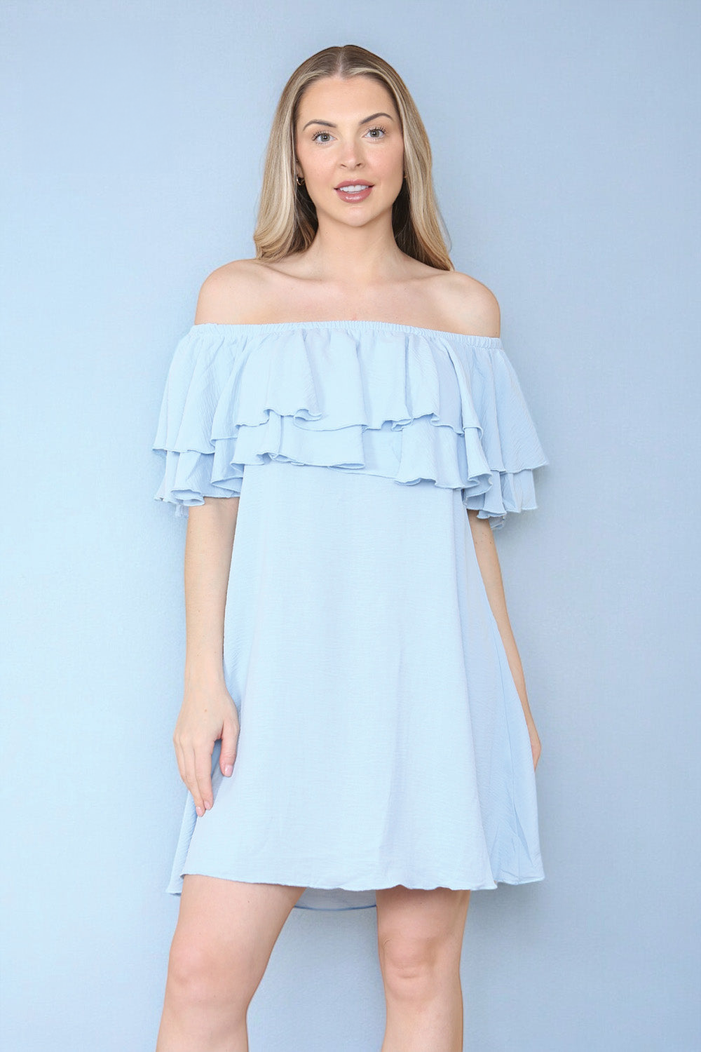 Double Frill Off Shoulder Bardot Swing Holiday Dress in Baby Blue