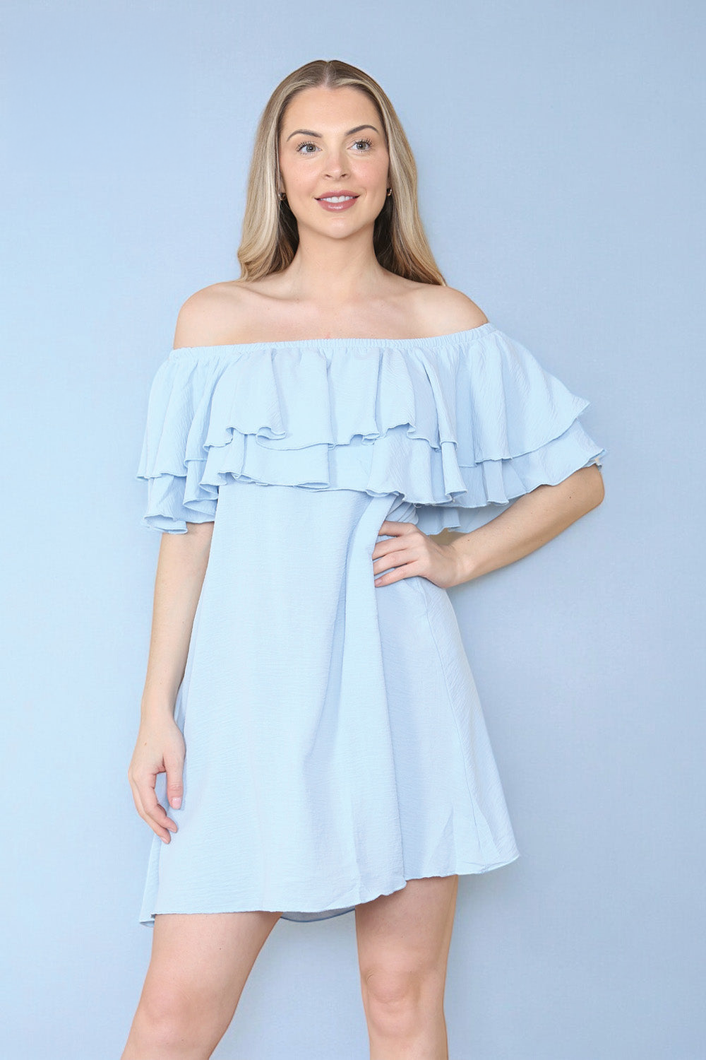 Double Frill Off Shoulder Bardot Swing Holiday Dress in Baby Blue front