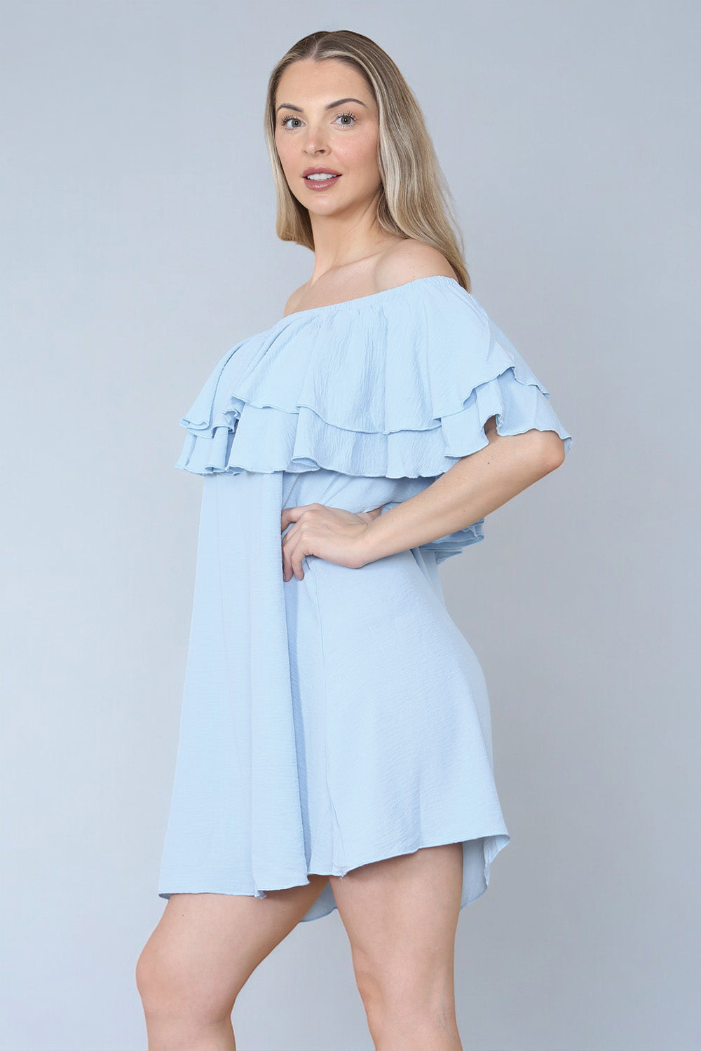 Double Frill Off Shoulder Bardot Swing Holiday Dress in Baby Blue side