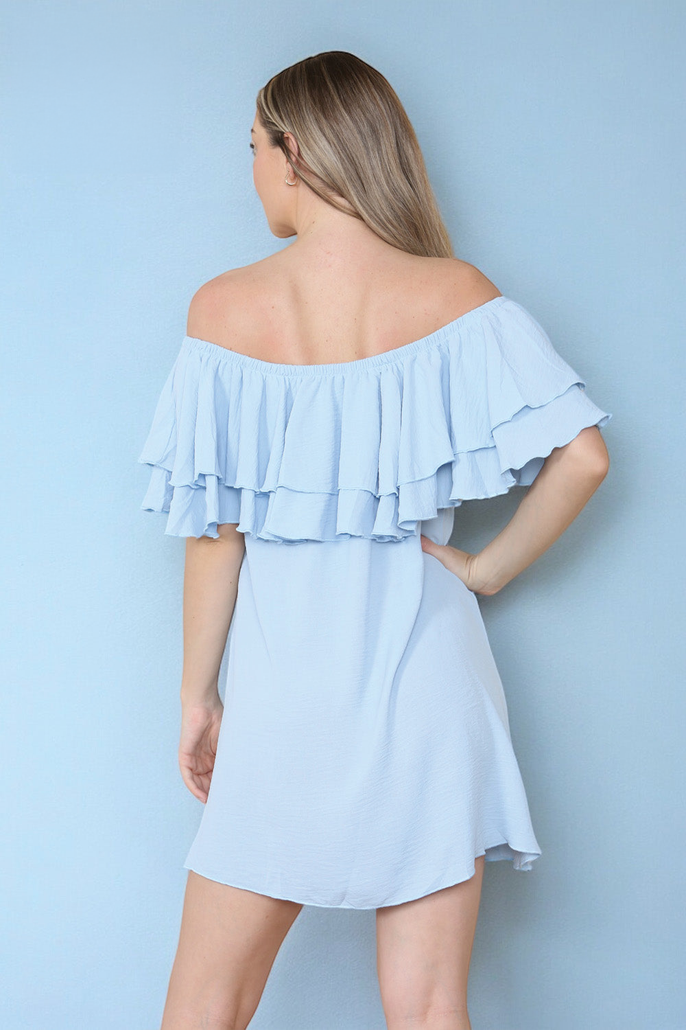 Double Frill Off Shoulder Bardot Swing Holiday Dress in Baby Blue back