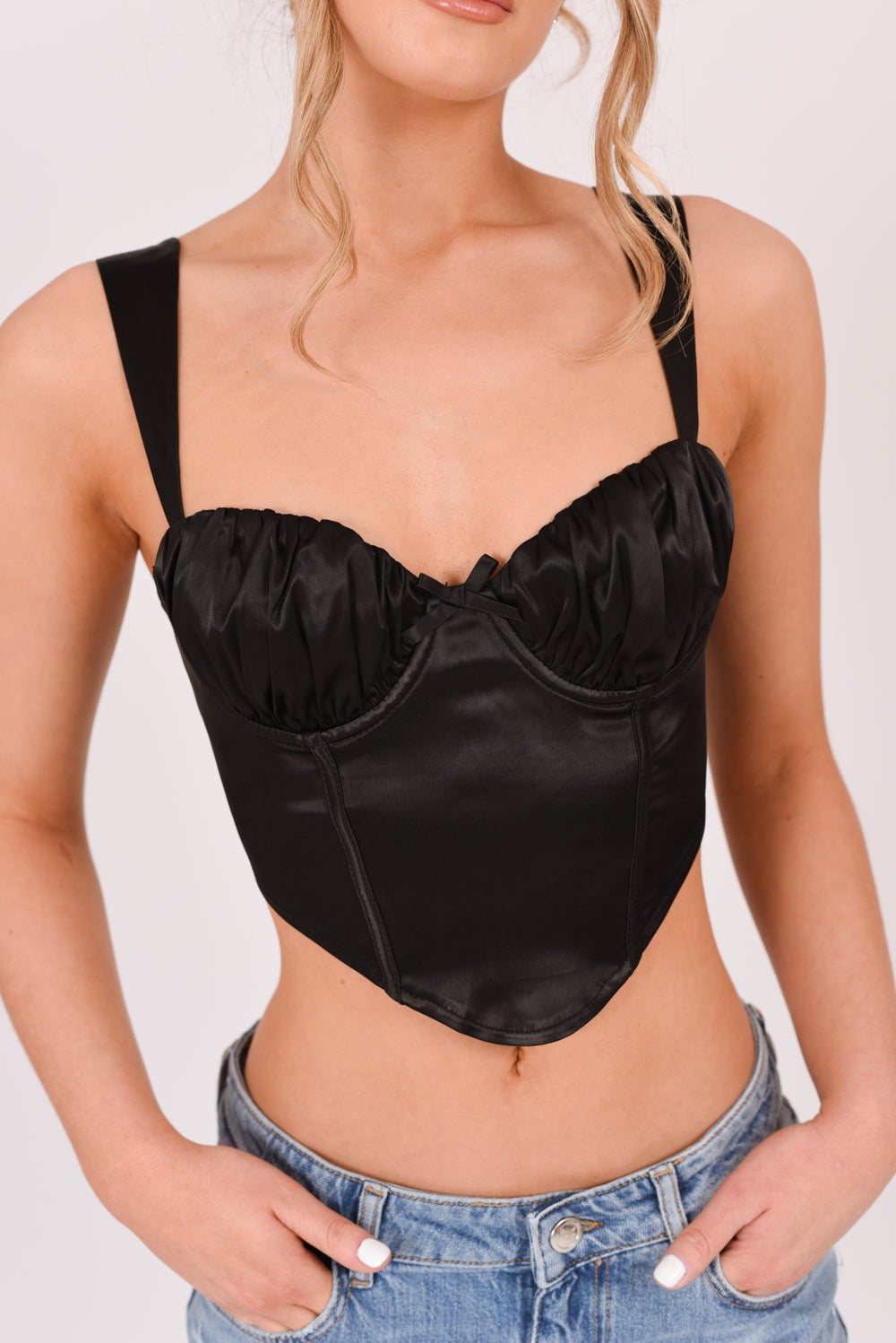 Satin Lace Up Back Crop Top Black