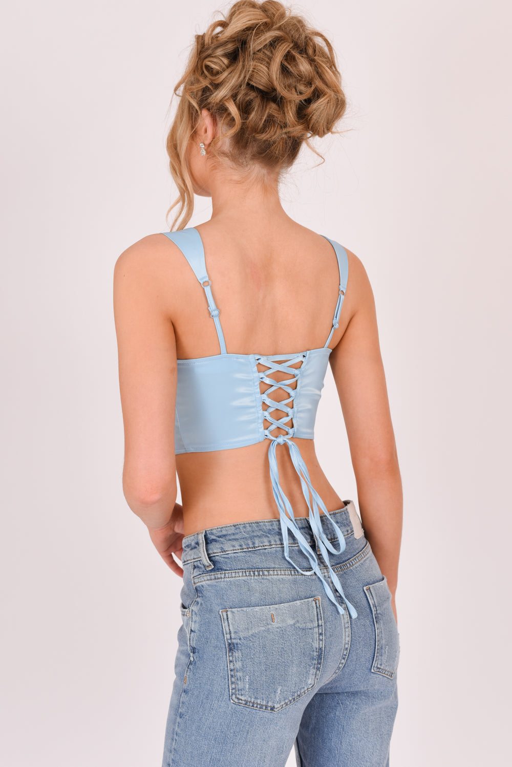 Satin Lace Up Back Crop Top Powder Blue