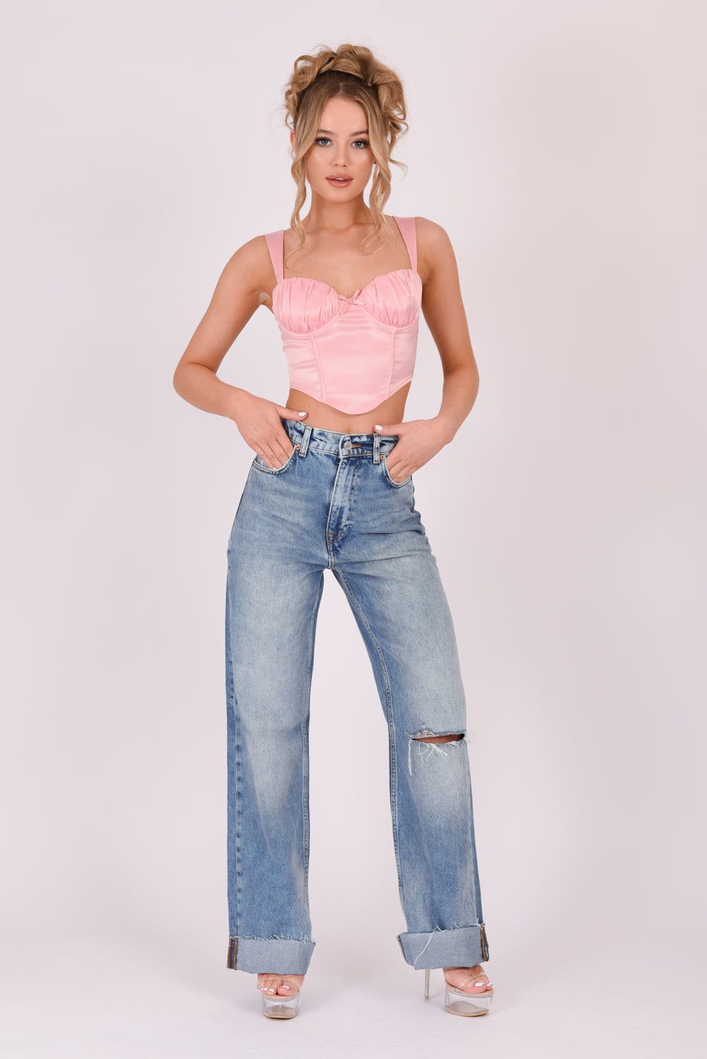 Satin Lace Up Back Crop Top Pink