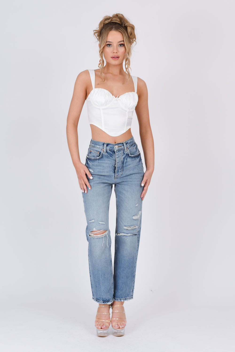 Satin Lace Up Back Crop Top Powder White