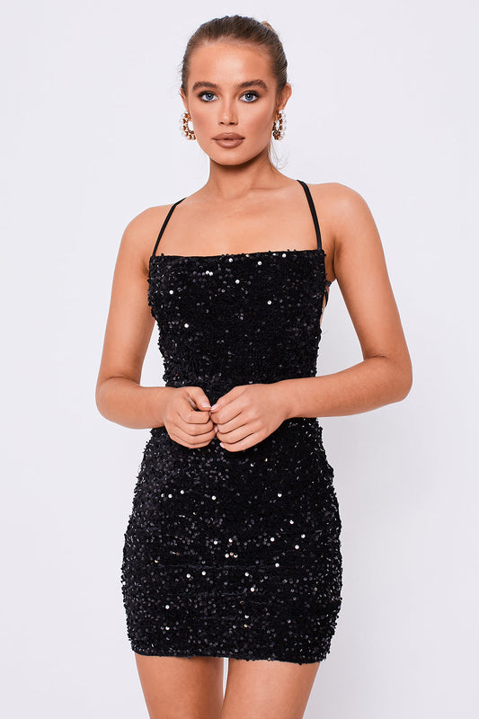 Square Neckline Lace Back Mini Sequin Dress Black