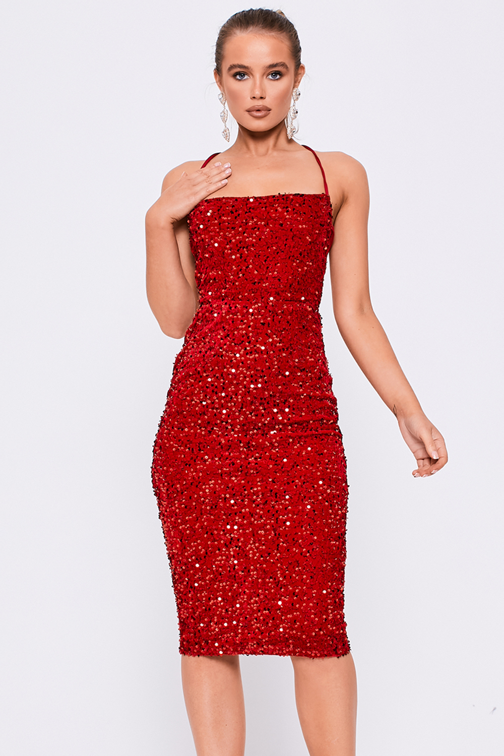 Square Neckline Lace Back Sequin Midi Dress Red