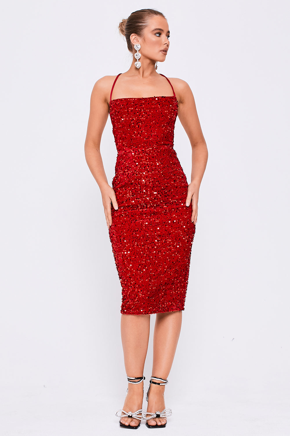 Square Neckline Lace Back Sequin Midi Dress Red