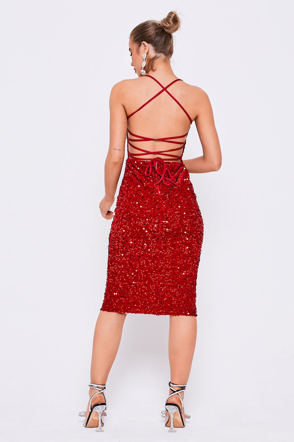 Square Neckline Lace Back Sequin Midi Dress Red