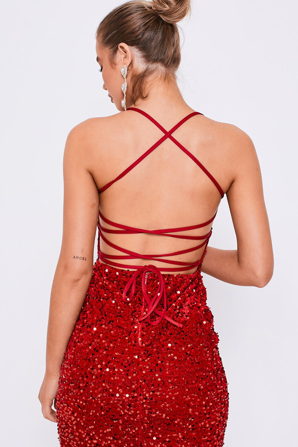 Square Neckline Lace Back Sequin Midi Dress Red