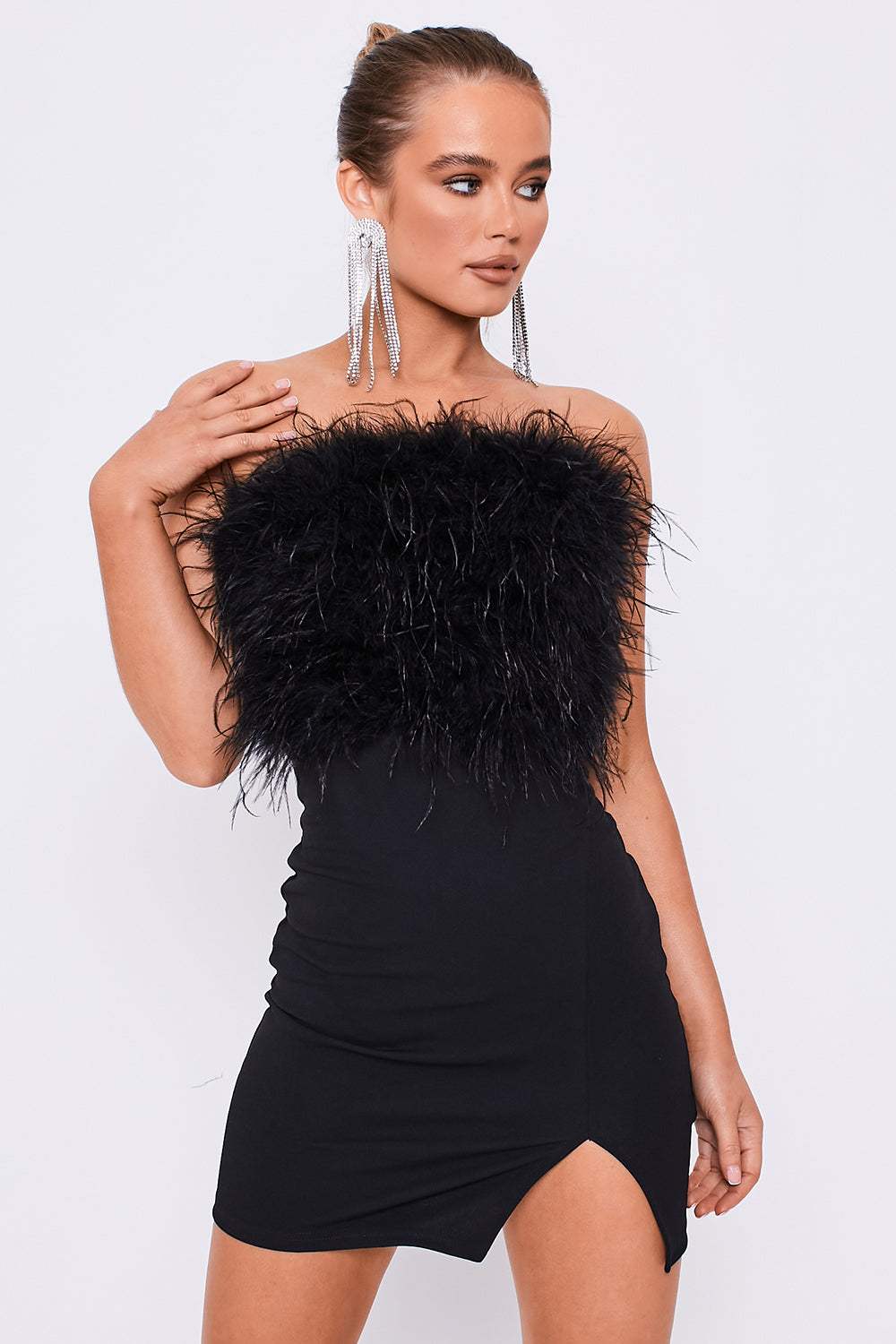 Strapless Feather Mini Bodycon Dress Black