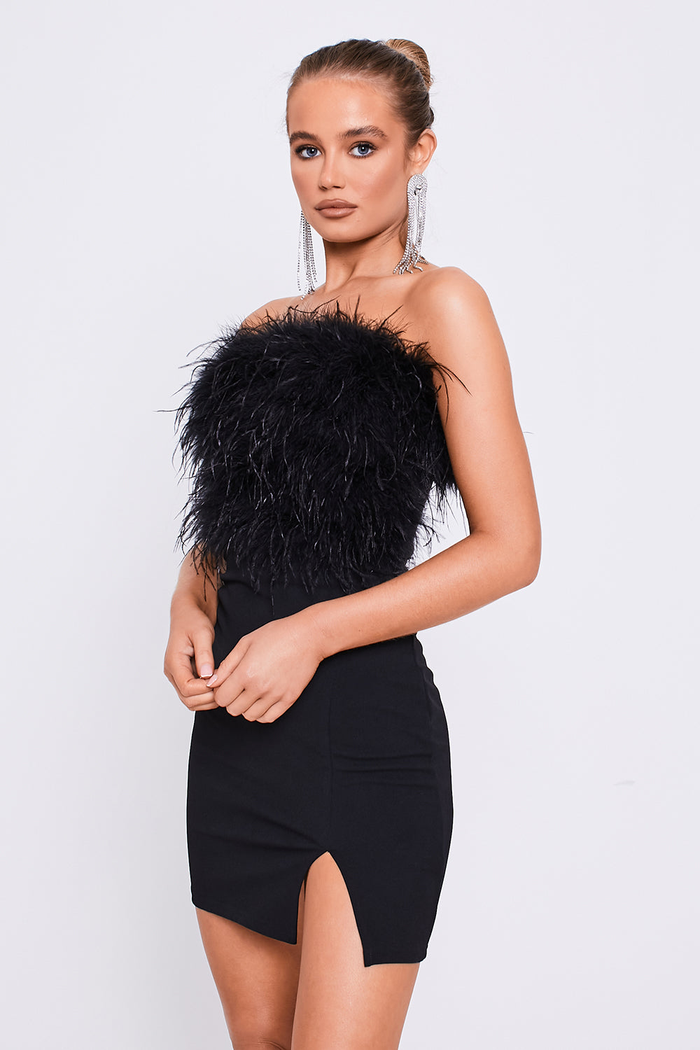 Strapless Feather Mini Bodycon Dress Black