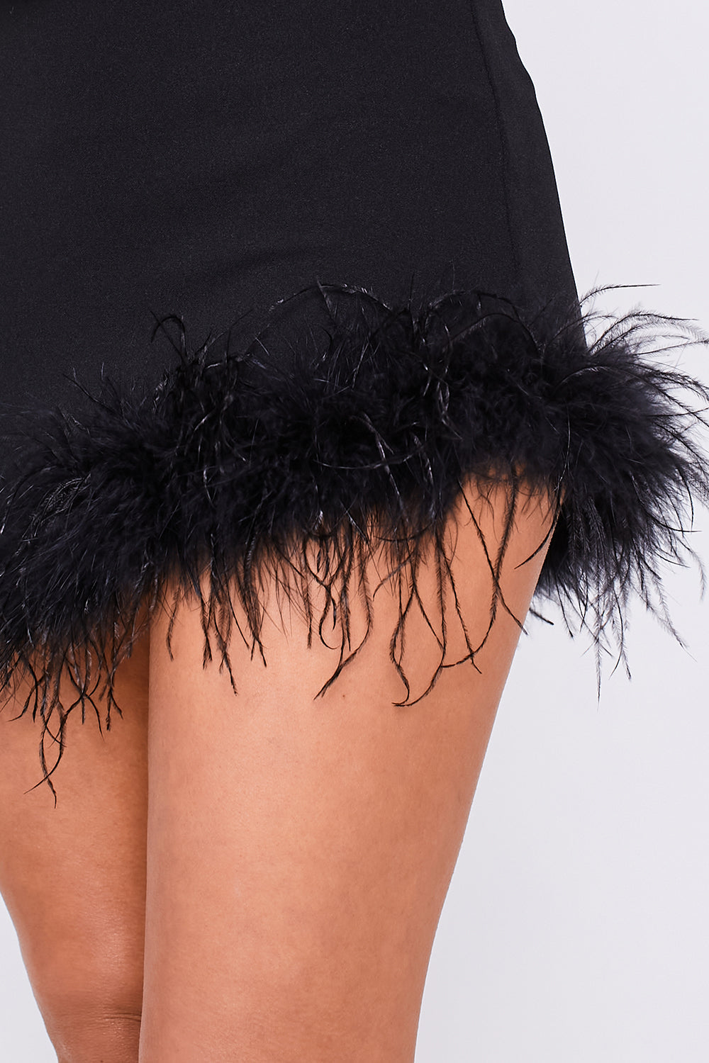 High Waisted Feather Trim Asymmetric Mini Skirt Black