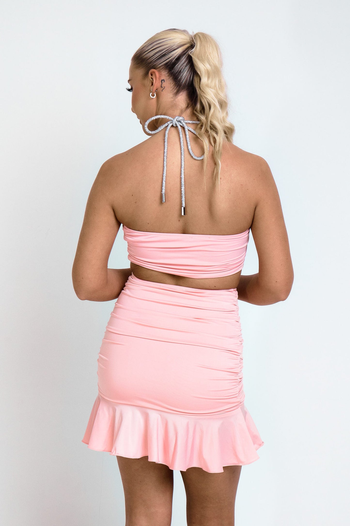 Diamante Halterneck Ruched Crop Top Pink