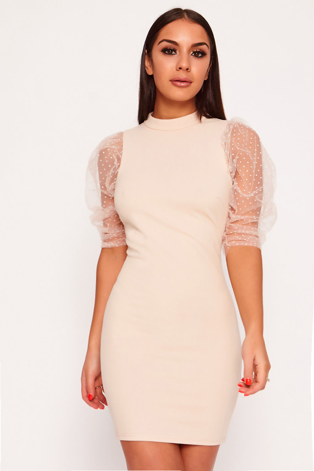 Dobby Mesh Puff Sleeve Bodycon Dress Nude