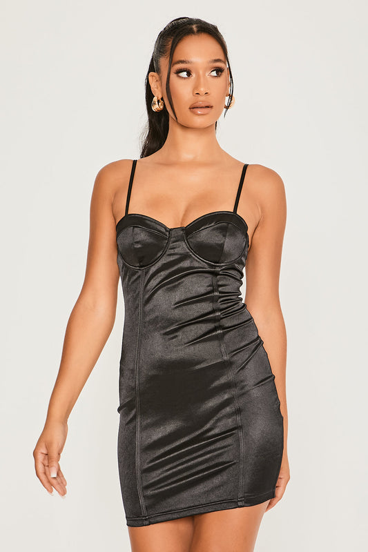 Underwired Stretch Satin Mini Dress Black