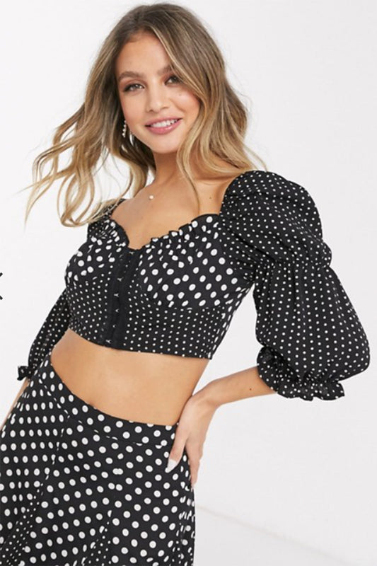 Corset Detail Puff Sleeve Crop Top In Contrast Polka