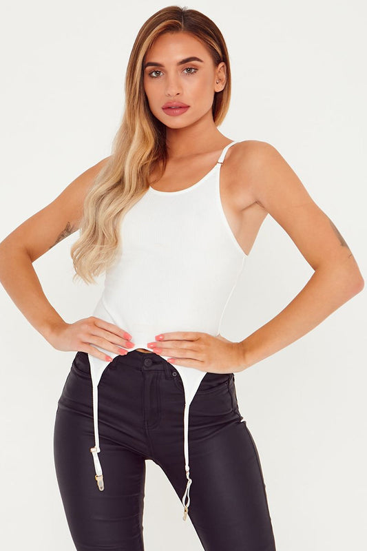 Ribbed Garter Detail Cropped Top Vest White