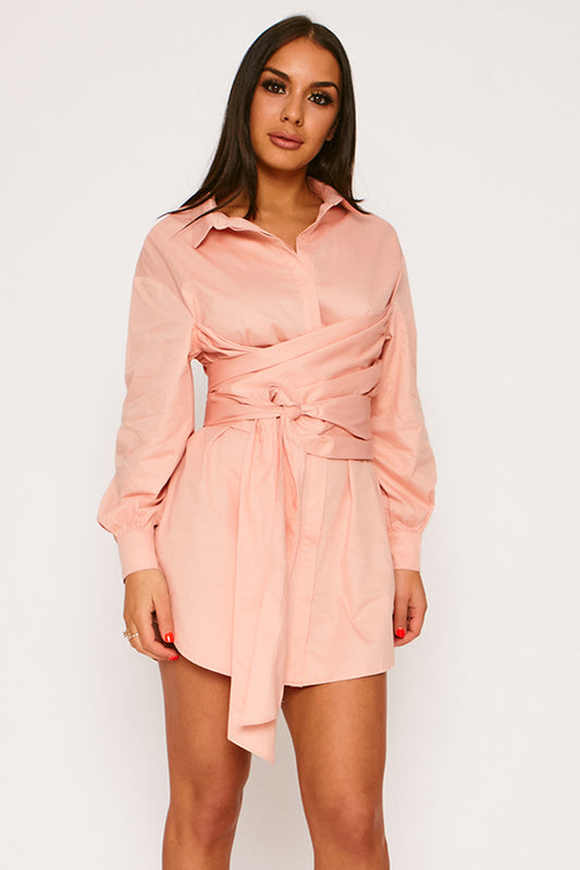 Twill Wrap Tie Waist Shirt Dress Coral Pink