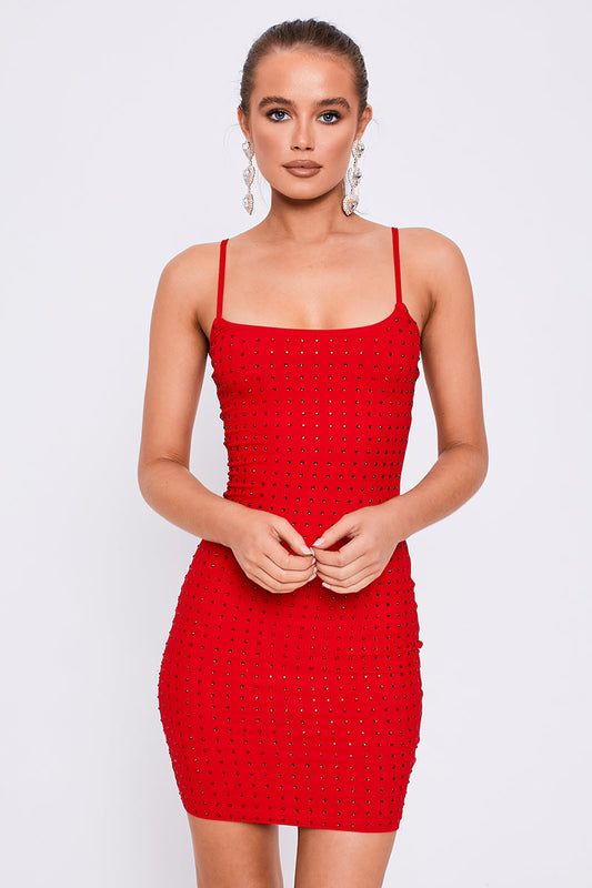 Mesh Diamante Strappy Bodycon Mini Dress Red