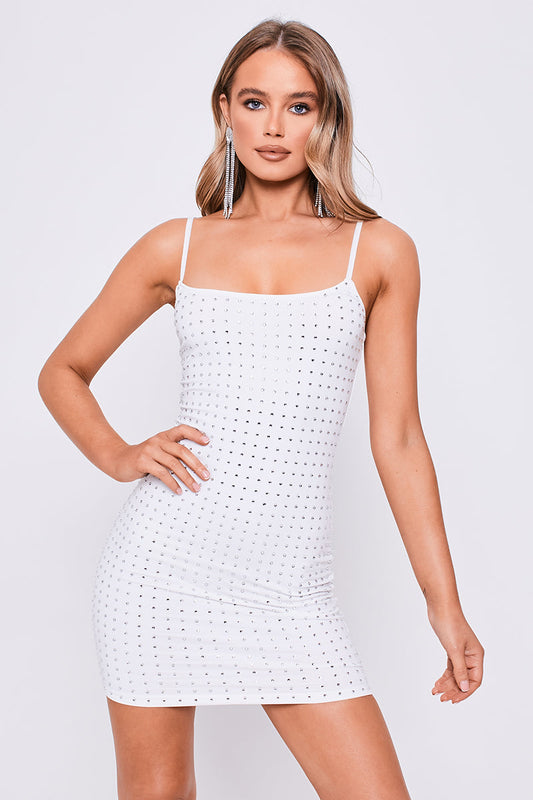 Mesh Diamante Strappy Bodycon Mini Dress White