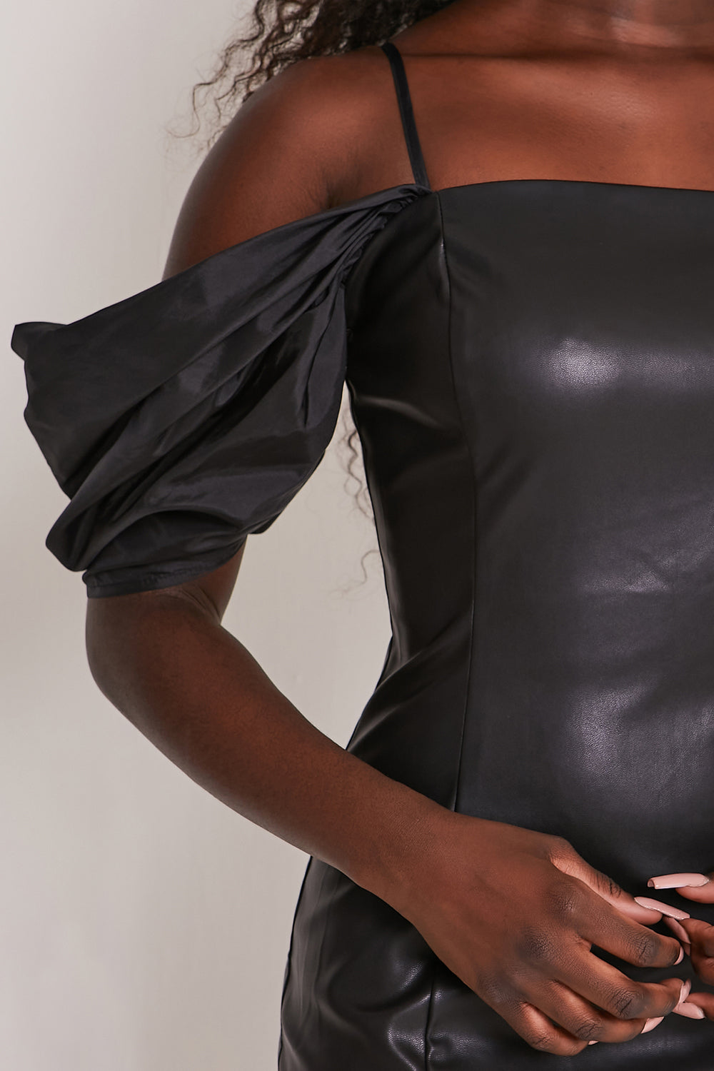 Taffeta Drape Sleeve Faux Leather Dress Black