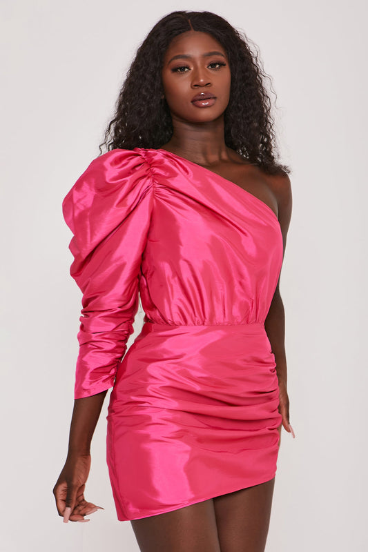 Taffeta One Shoulder Puff Sleeve Dress Hot Pink