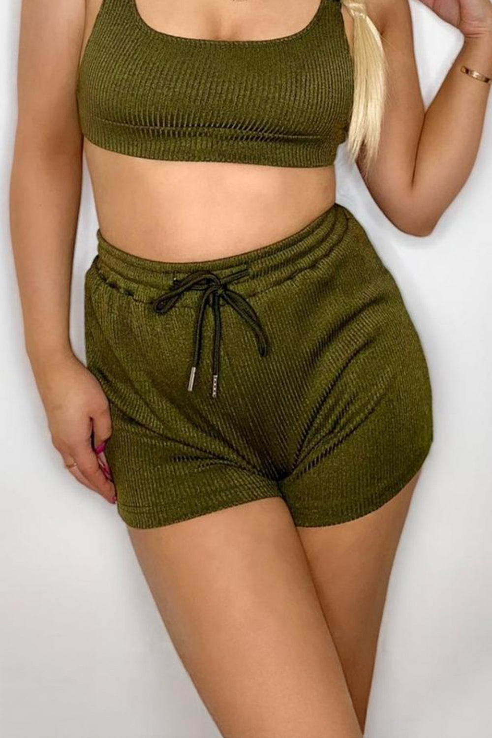 Rib Drawstring Lounge Shorts Khaki