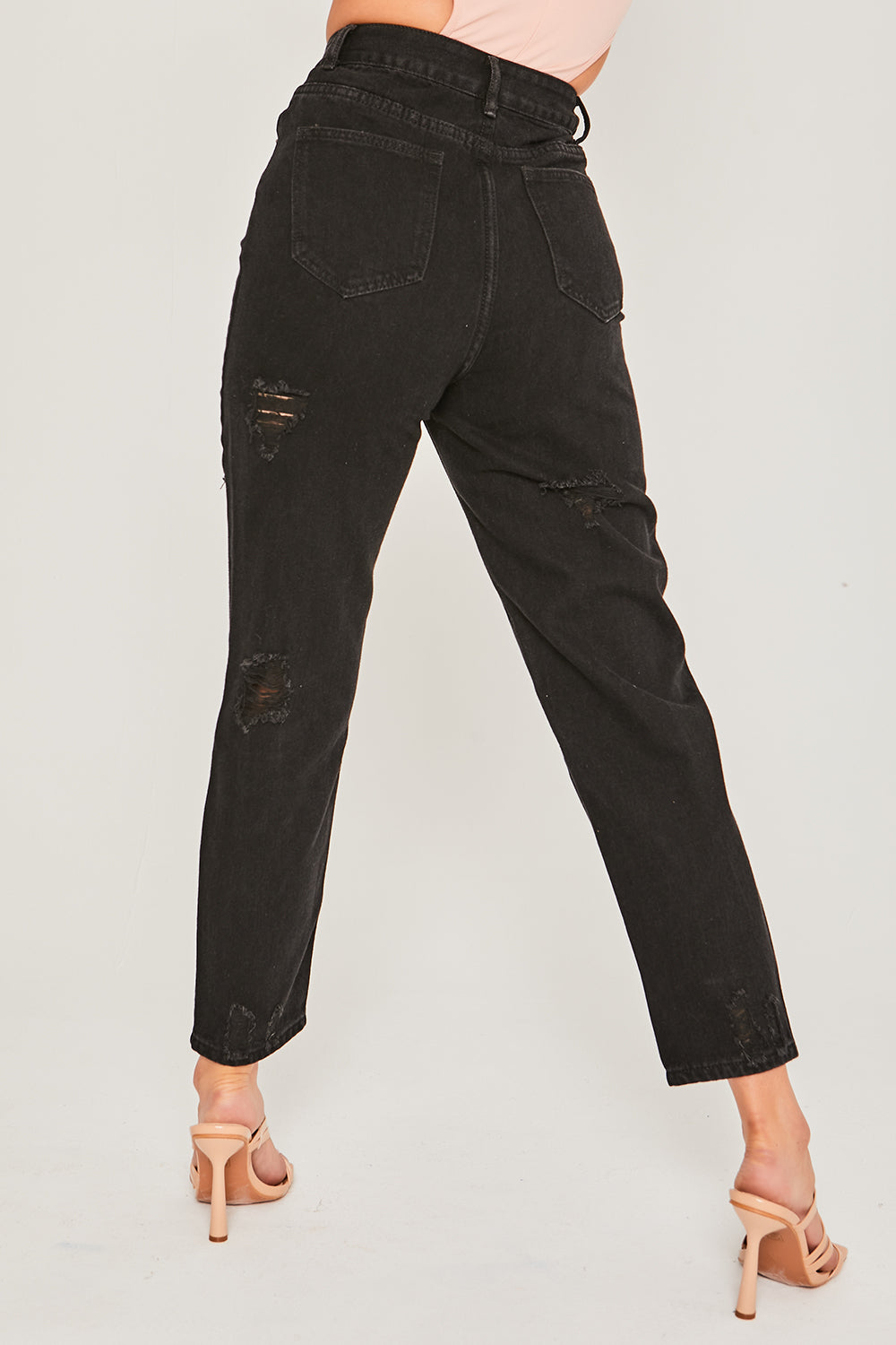 Washed Black High Waist Distressed Mom Jeans