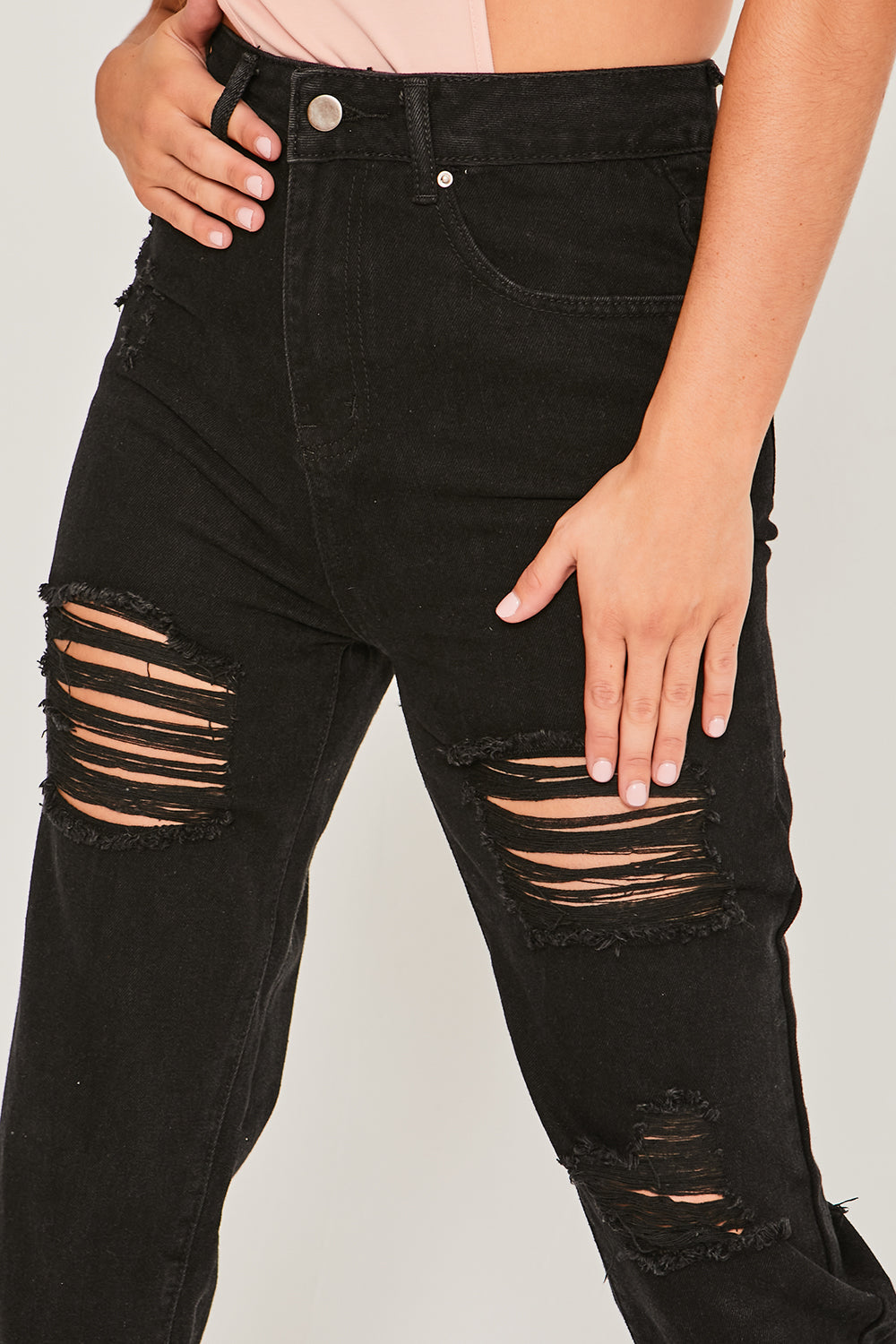 Washed Black High Waist Distressed Mom Jeans