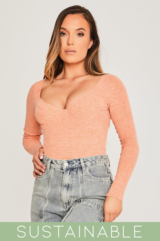 Recycled Rib Underwired Long Sleeve Lounge Bodysuit Coral