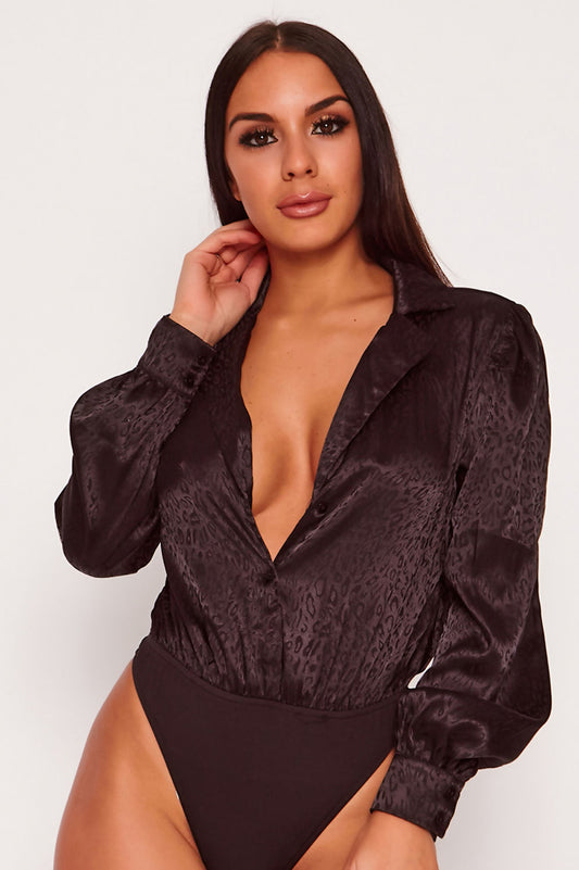 Leopard Jacquard Puff Sleeve Shirt Bodysuit Black