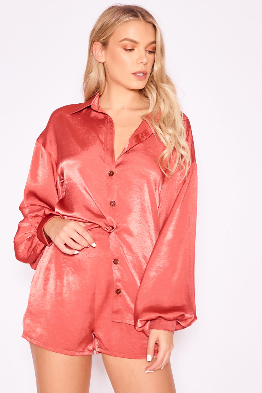 Oversized Silky Spice Tortoishell Button Shirt Rust