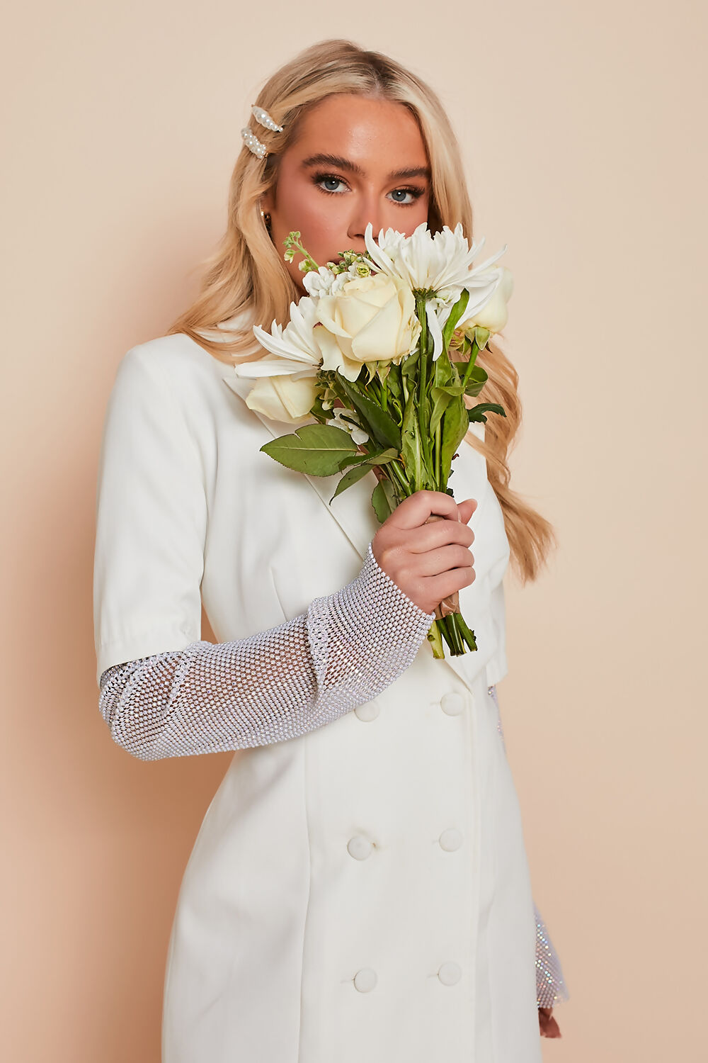 Diamante Net Sleeve Tailored Blazer Dress White