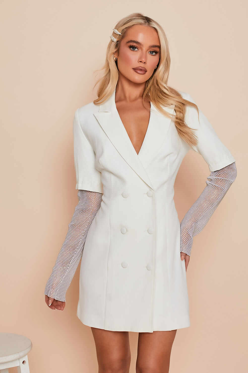 Diamante Net Sleeve Tailored Blazer Dress White