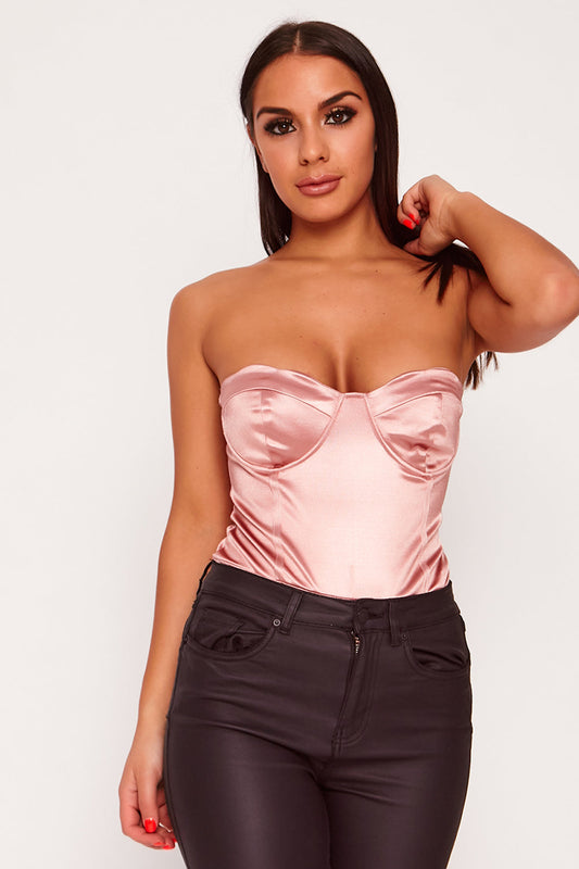 Stretch Satin Scalloped Cup Underwired Bodysuit Rose Pink