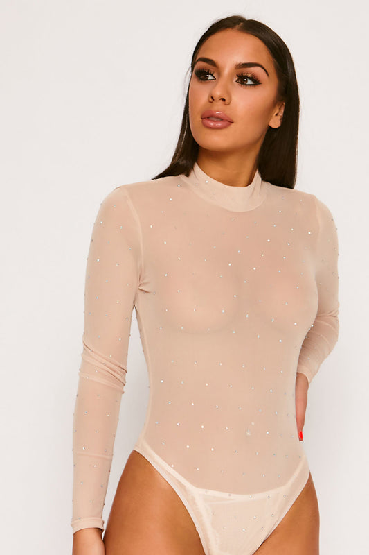 High Neck Diamante Bodysuit Nude