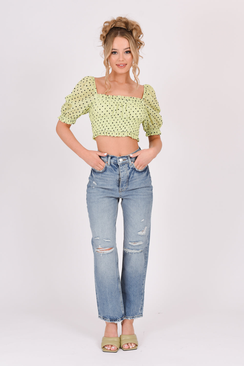 Ditsy Floral Puff Sleeve Ruched Crop Top Green