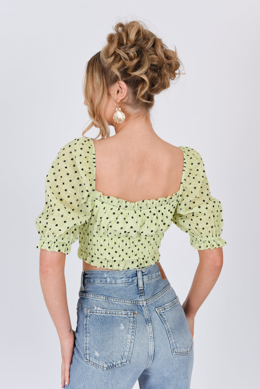 Ditsy Floral Puff Sleeve Ruched Crop Top Green