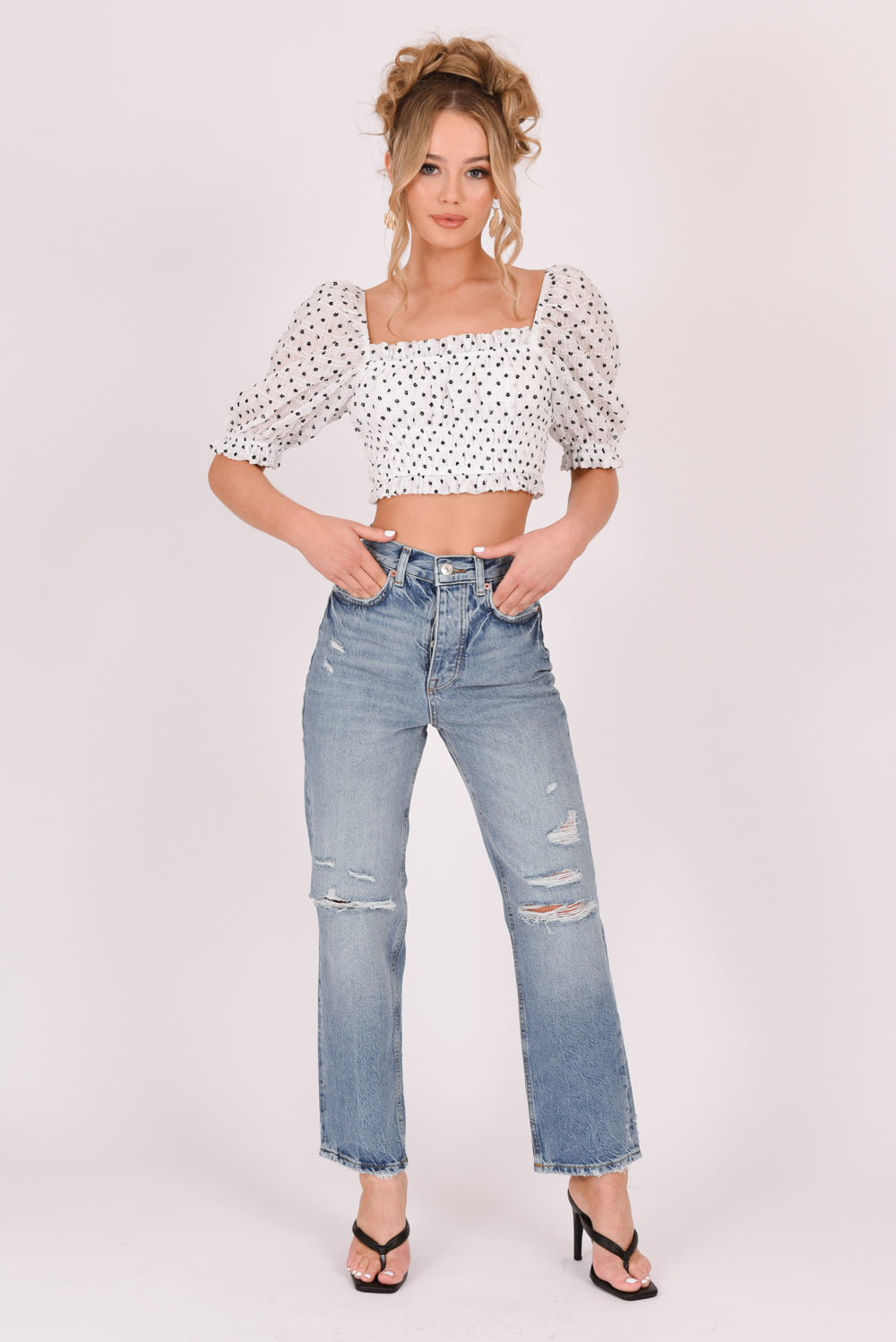 Ditsy Floral Puff Sleeve Ruched Crop Top White