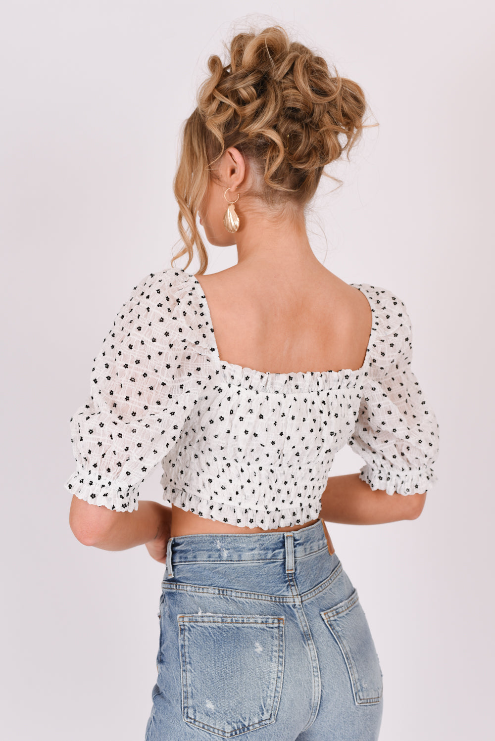 Ditsy Floral Puff Sleeve Ruched Crop Top White