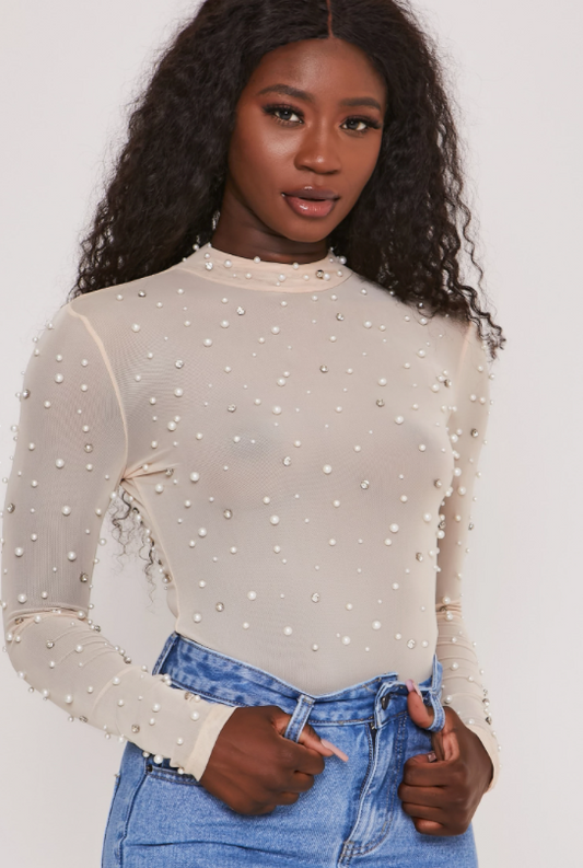 Mesh Bodysuit With Pearls Cream