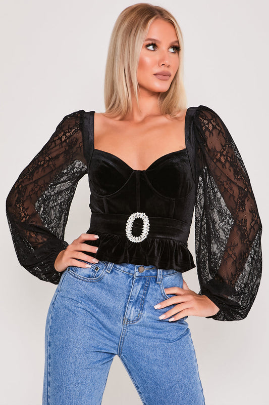 Velvet Diamante Buckle Lace Sleeve Top Black