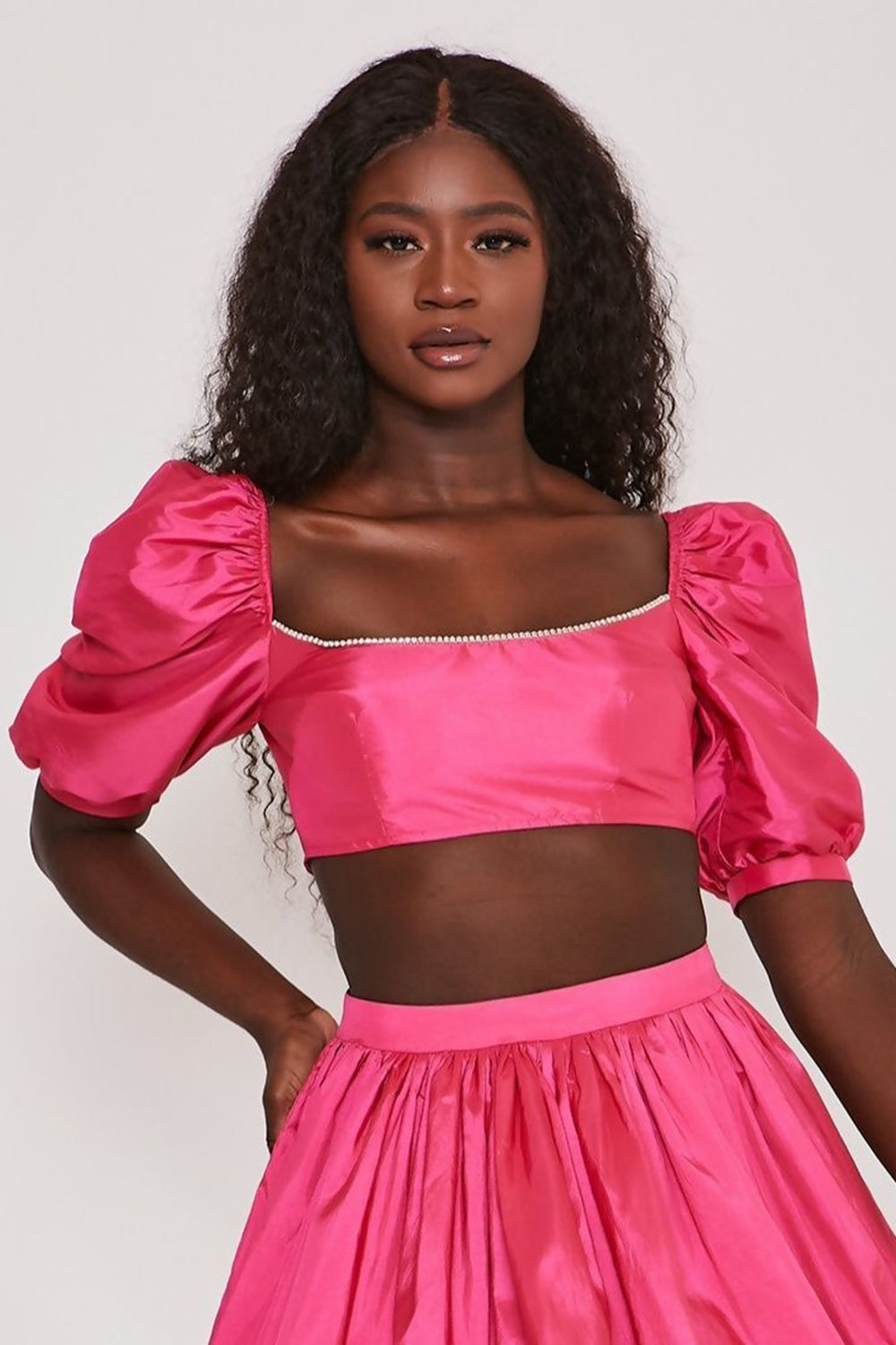 Taffeta Diamante Trim Puff Sleeve Crop Top Hot Pink