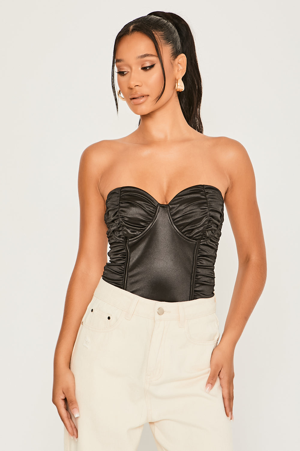 Stretch Satin Underwired Ruched Detail Bodysuit Black