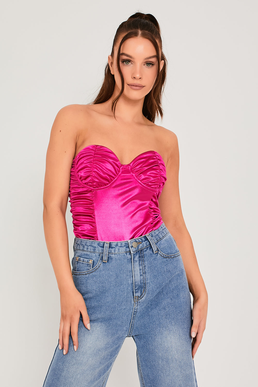 Stretch Satin Underwired Ruched Detail Bodysuit Fuchsia